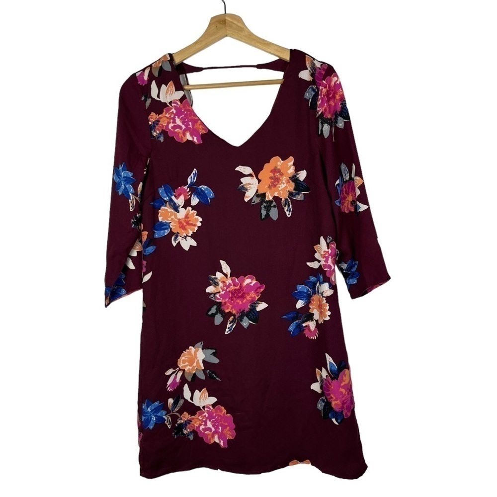 One Clothing Burgundy Red Floral Long Sleeve Shift Mini Dress S